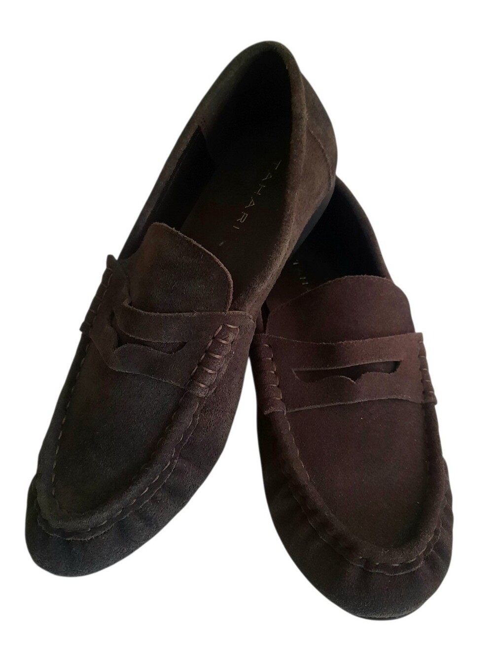 New TAHARI Teagan Dark Brown Suede Almond Toe Soft Penny Loafers Sz 8M